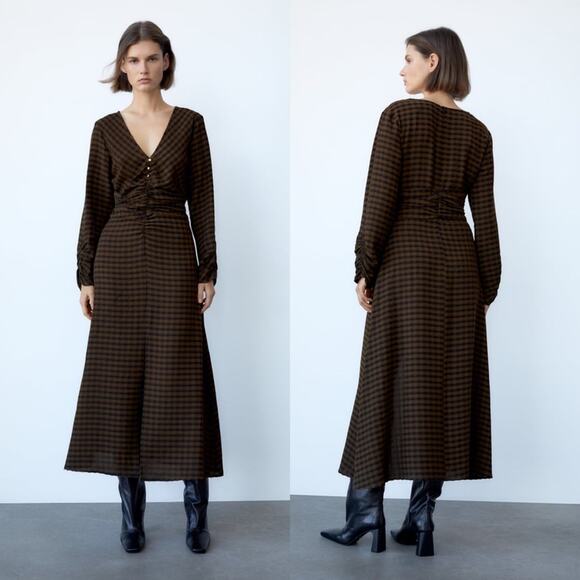 ZARA DRAPED PLAID DRESS BLACK / GREEN - Picture 1 of 10